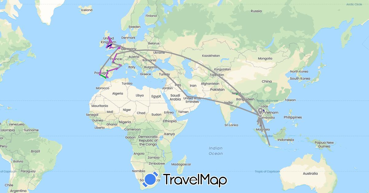TravelMap itinerary: driving, bus, plane, train in Belgium, Bahrain, Spain, France, United Kingdom, Indonesia, Malaysia, Netherlands, Nepal, Portugal, Thailand (Asia, Europe)